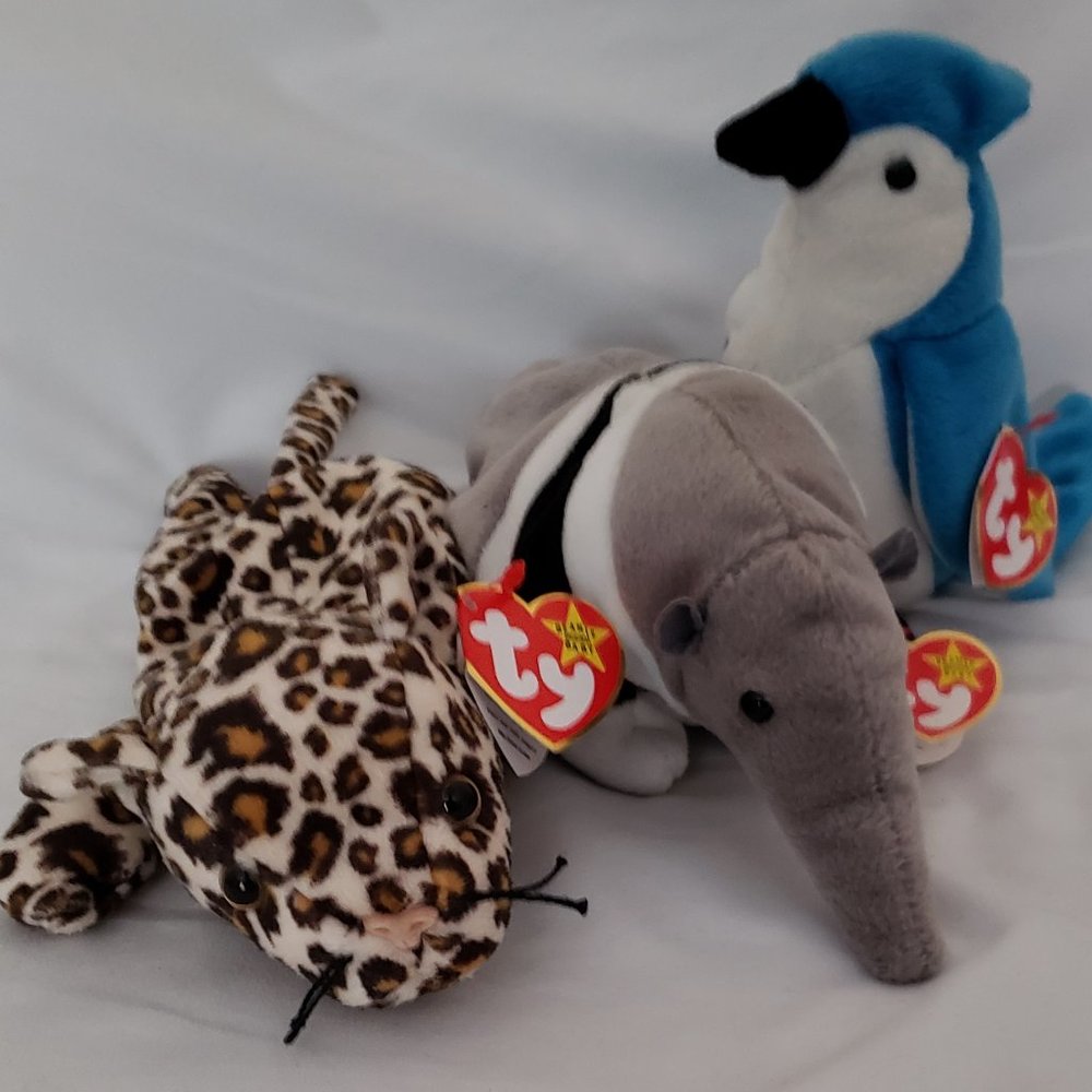 Ty Beanie Babies Rocket the Blue Jay, Ant the Anteater and Freckles